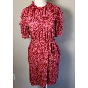 Boden‎ Pink Floral Smocked Dress Women's Size 4R Short Sleeve Belted Tie Waist